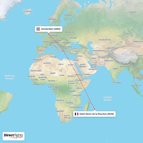 Amsterdam - Saint Denis de la Reunion direct flight map