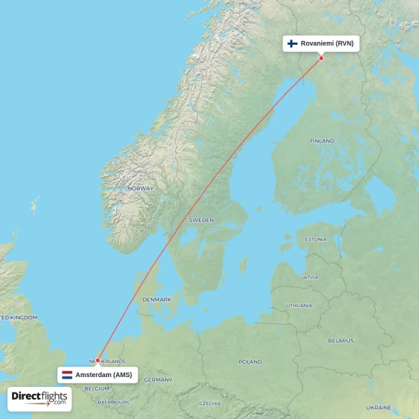 Amsterdam - Rovaniemi direct flight map