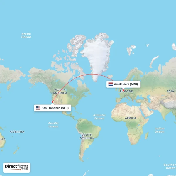 Amsterdam - San Francisco direct flight map