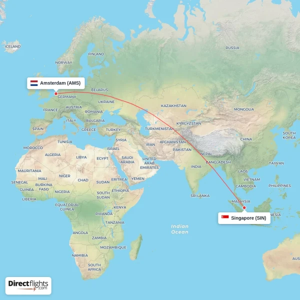Amsterdam - Singapore direct flight map