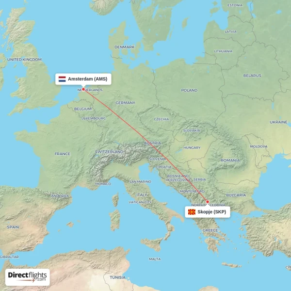 Amsterdam - Skopje direct flight map