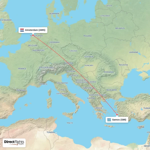 Amsterdam - Samos direct flight map