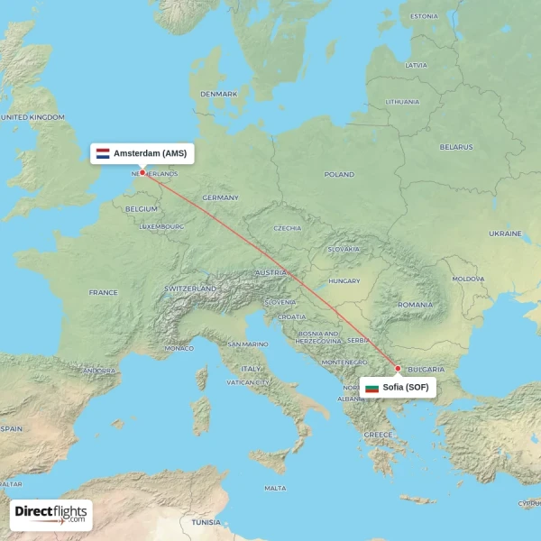 Amsterdam - Sofia direct flight map