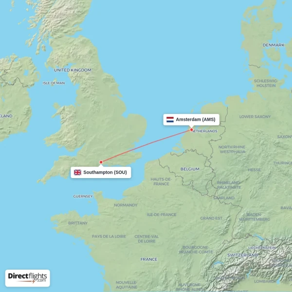 Amsterdam - Southampton direct flight map