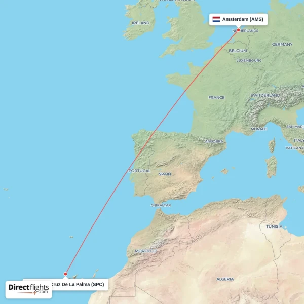 Amsterdam - Santa Cruz De La Palma direct flight map