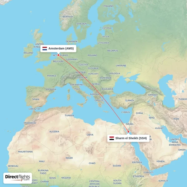Amsterdam - Sharm el Sheikh direct flight map