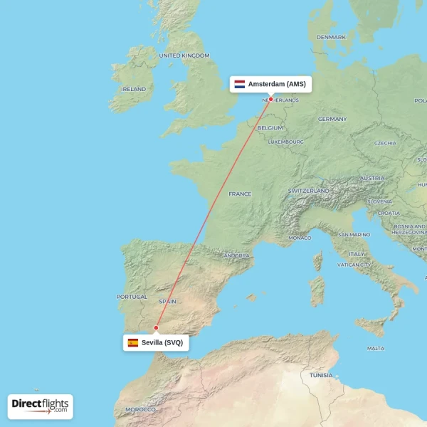 Amsterdam - Sevilla direct flight map