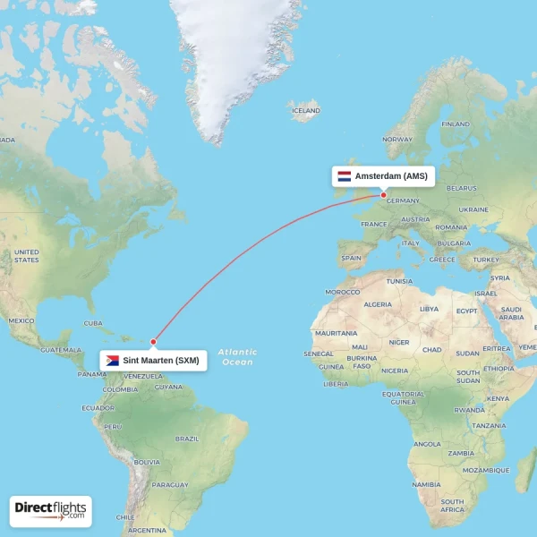 Amsterdam - Sint Maarten direct flight map