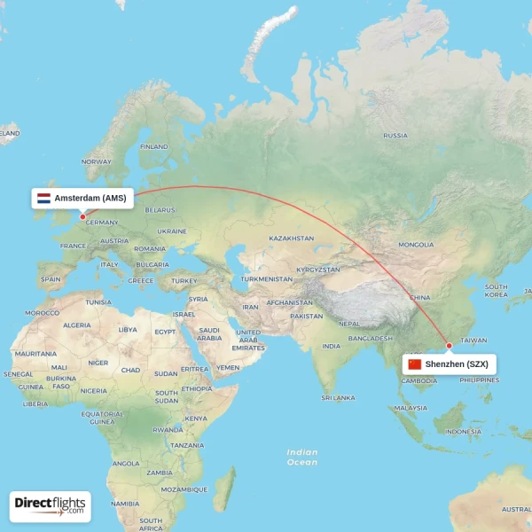 Amsterdam - Shenzhen direct flight map