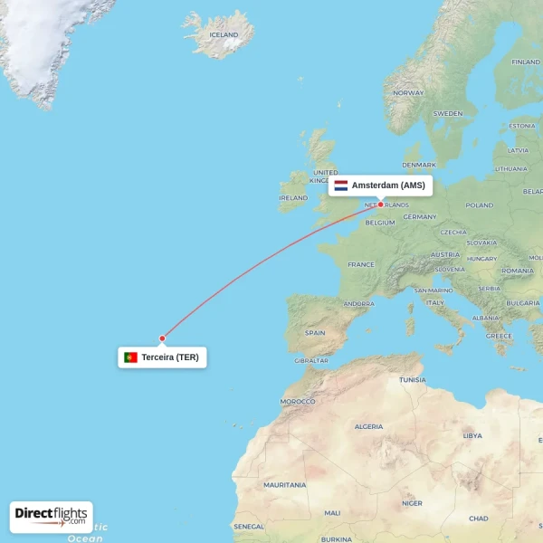Amsterdam - Terceira direct flight map