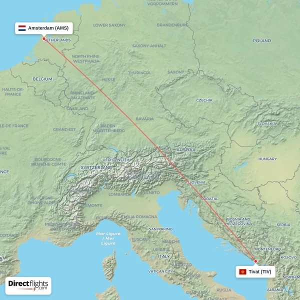 Amsterdam - Tivat direct flight map