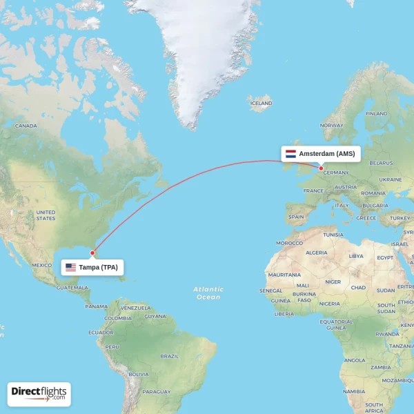 Amsterdam - Tampa direct flight map