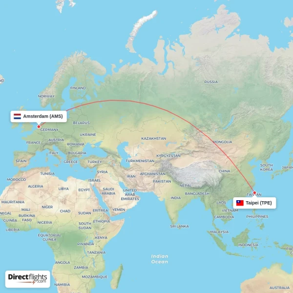 Amsterdam - Taipei direct flight map