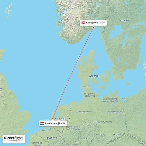 Amsterdam - Sandefjord direct flight map