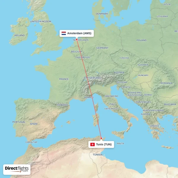 Amsterdam - Tunis direct flight map