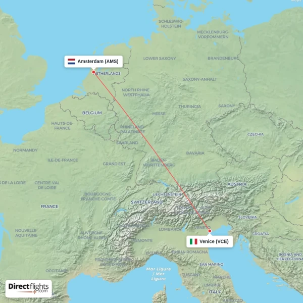 Amsterdam - Venice direct flight map