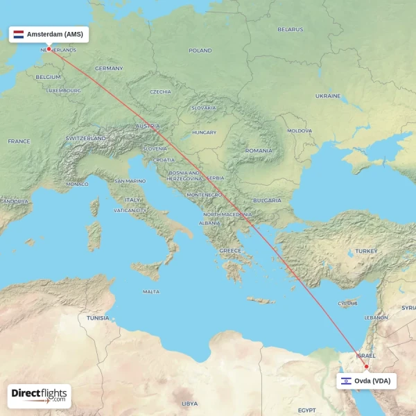 Amsterdam - Ovda direct flight map