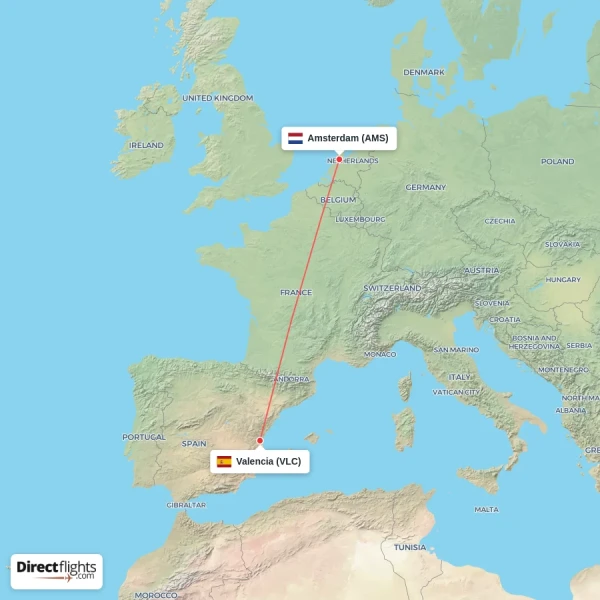 Amsterdam - Valencia direct flight map