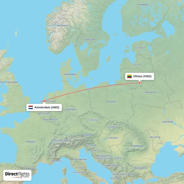 Amsterdam - Vilnius direct flight map