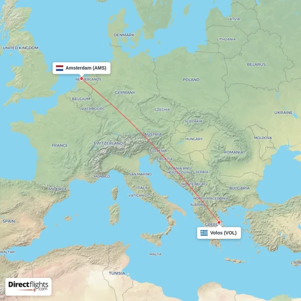 Amsterdam - Volos direct flight map