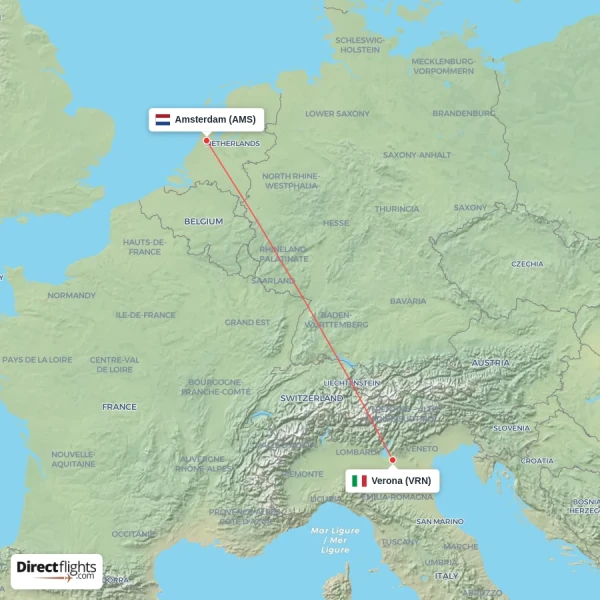 Amsterdam - Verona direct flight map