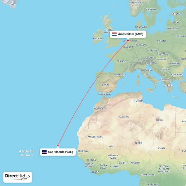 Amsterdam - Sao Vicente direct flight map