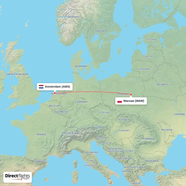 Amsterdam - Warsaw direct flight map