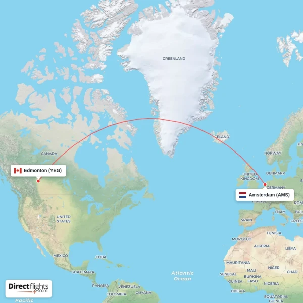 Amsterdam - Edmonton direct flight map