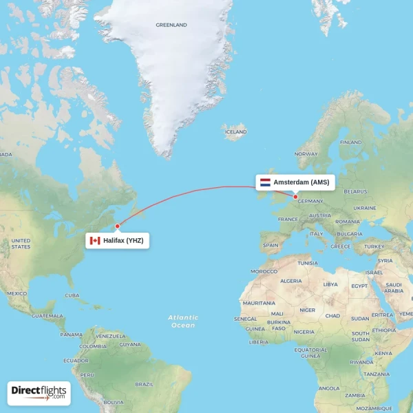 Amsterdam - Halifax direct flight map