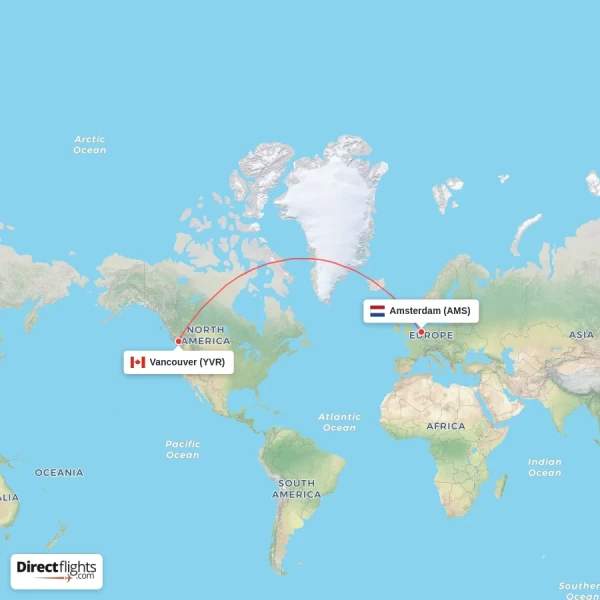 Amsterdam - Vancouver direct flight map