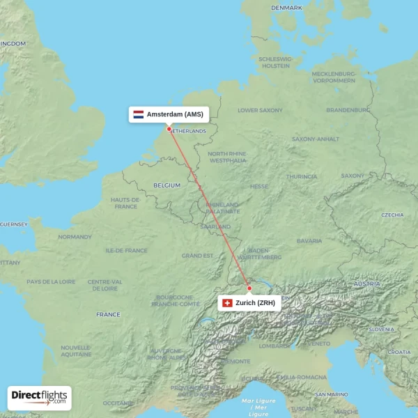 Amsterdam - Zurich direct flight map