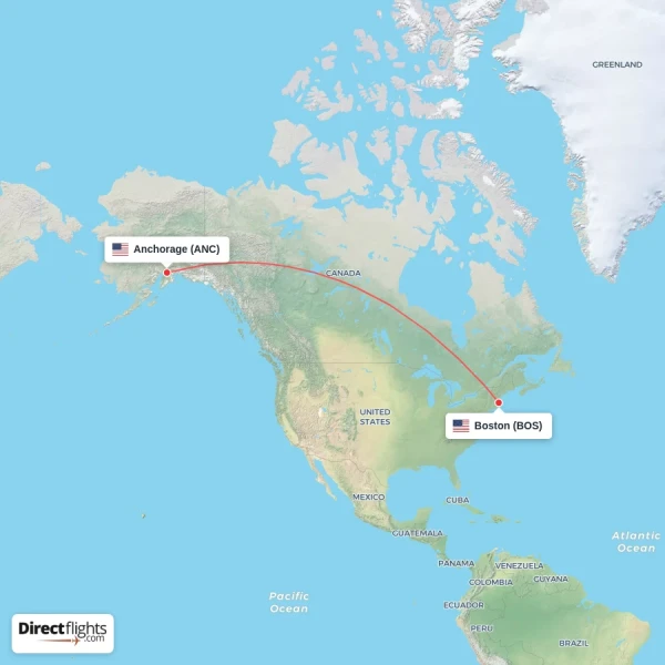 Anchorage - Boston direct flight map