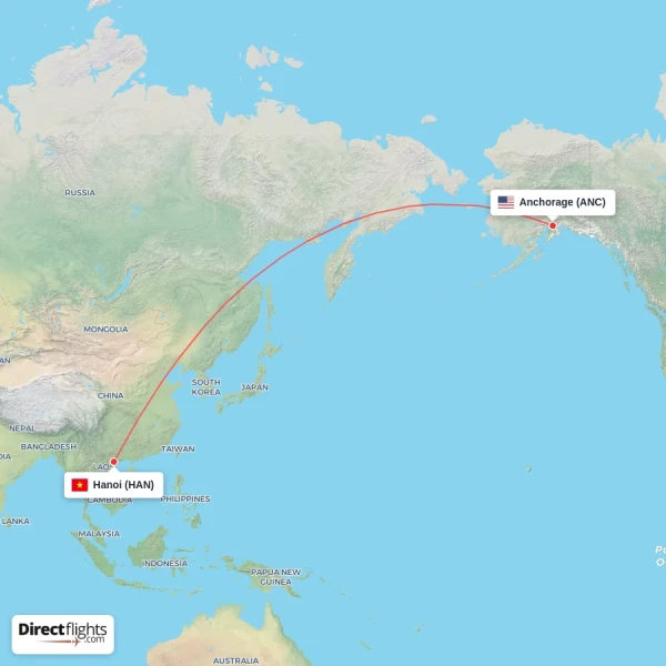 Anchorage - Hanoi direct flight map