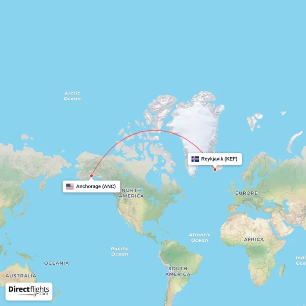 Anchorage - Reykjavik direct flight map