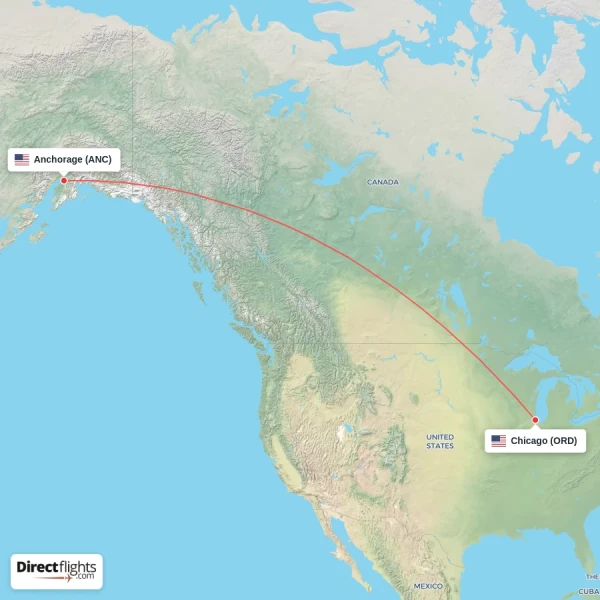 Anchorage - Chicago direct flight map