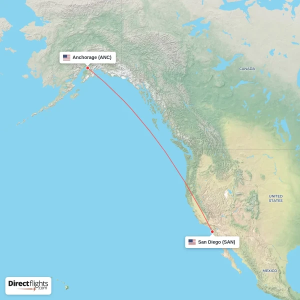 Anchorage - San Diego direct flight map
