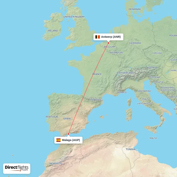 Antwerp - Malaga direct flight map