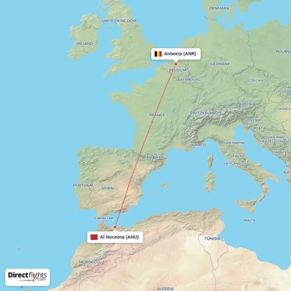 Antwerp - Al Hoceima direct flight map