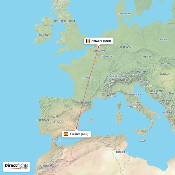 Antwerp - Alicante direct flight map