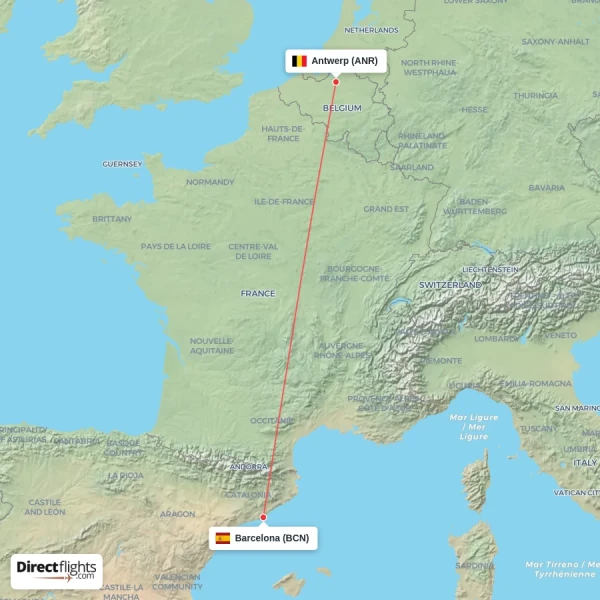 Antwerp - Barcelona direct flight map
