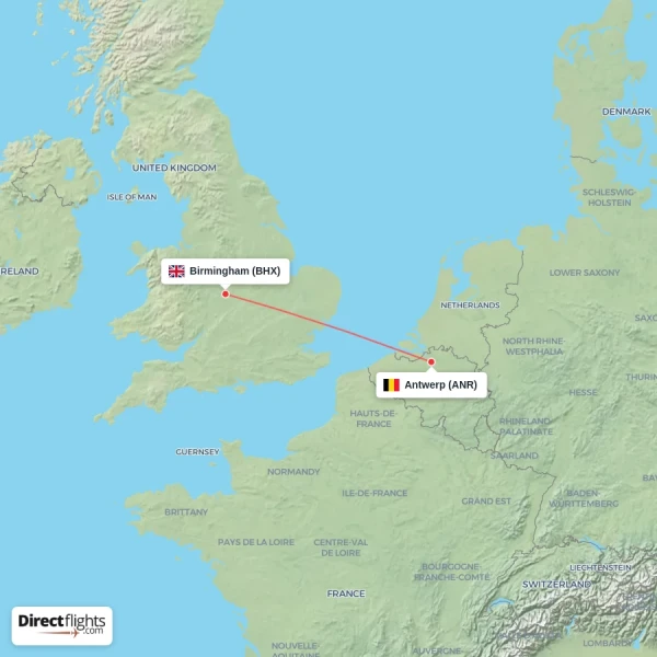 Antwerp - Birmingham direct flight map