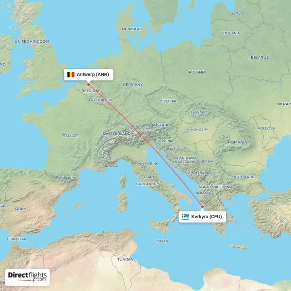 Antwerp - Kerkyra direct flight map