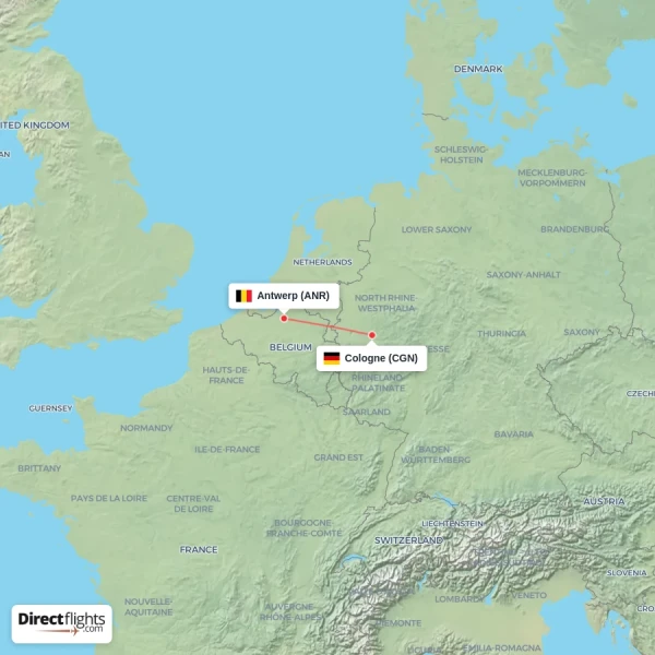 Antwerp - Cologne direct flight map