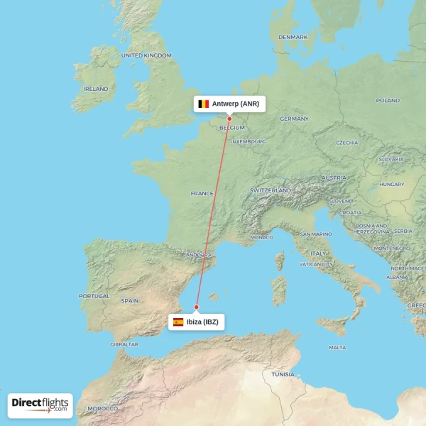 Antwerp - Ibiza direct flight map