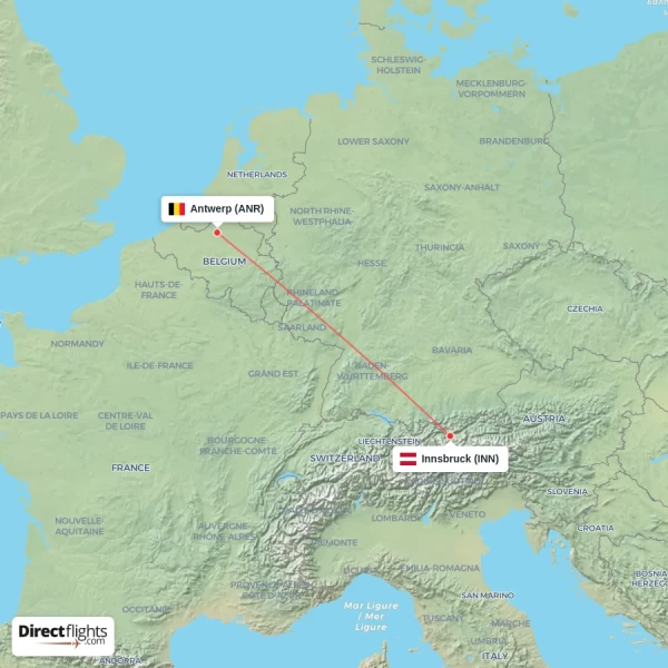 Antwerp - Innsbruck direct flight map