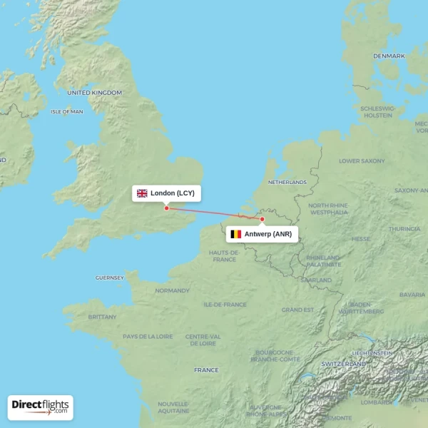 Antwerp - London direct flight map