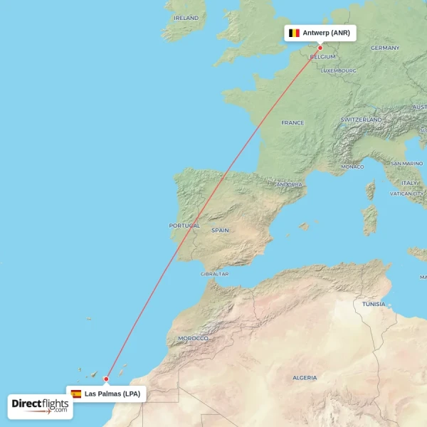 Antwerp - Las Palmas direct flight map