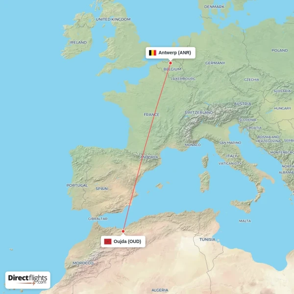Antwerp - Oujda direct flight map