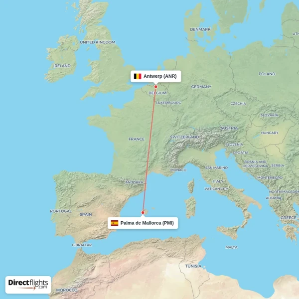 Antwerp - Palma de Mallorca direct flight map