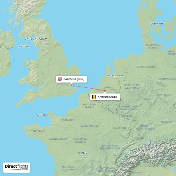 Antwerp - Southend direct flight map